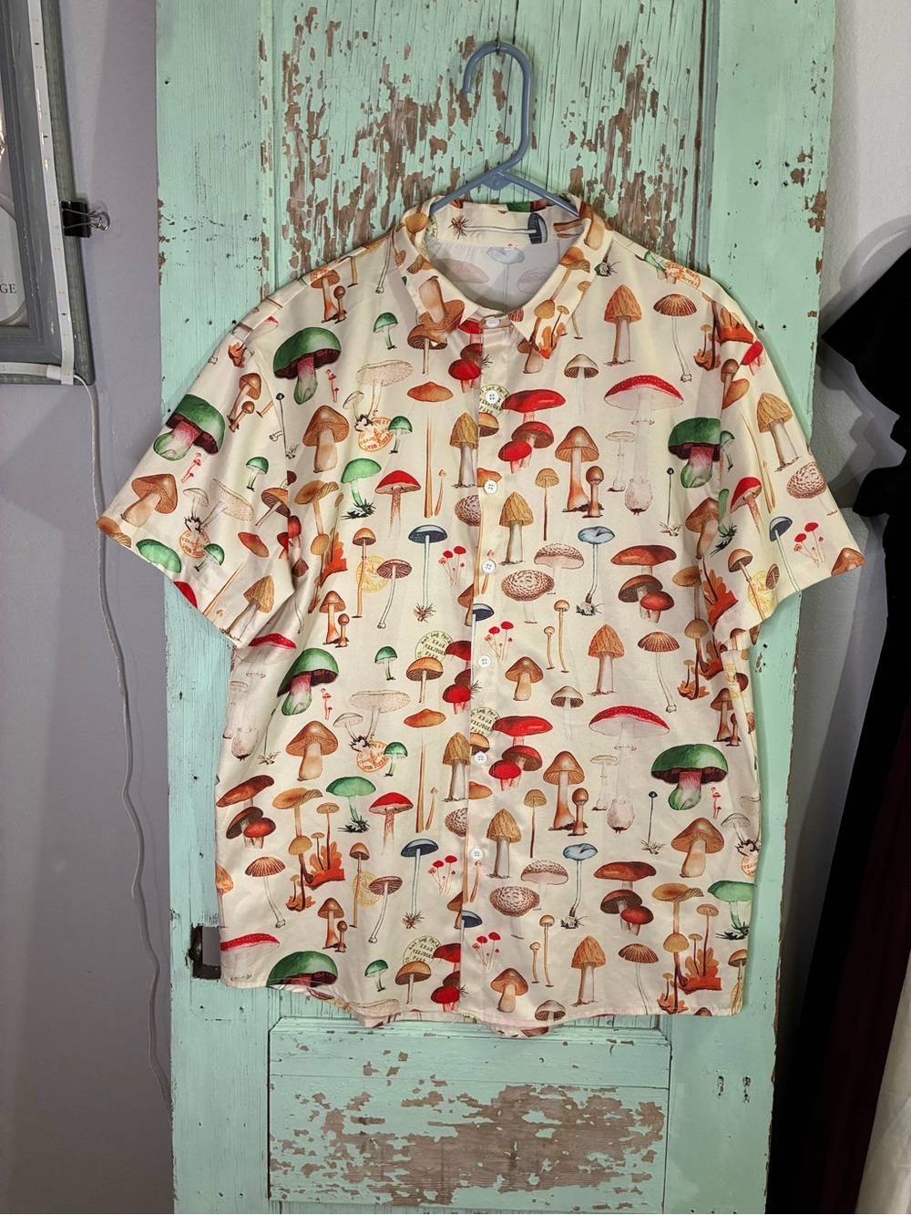 Men's Cream Short-Sleeve Shirt with Colorful Mushroom Print